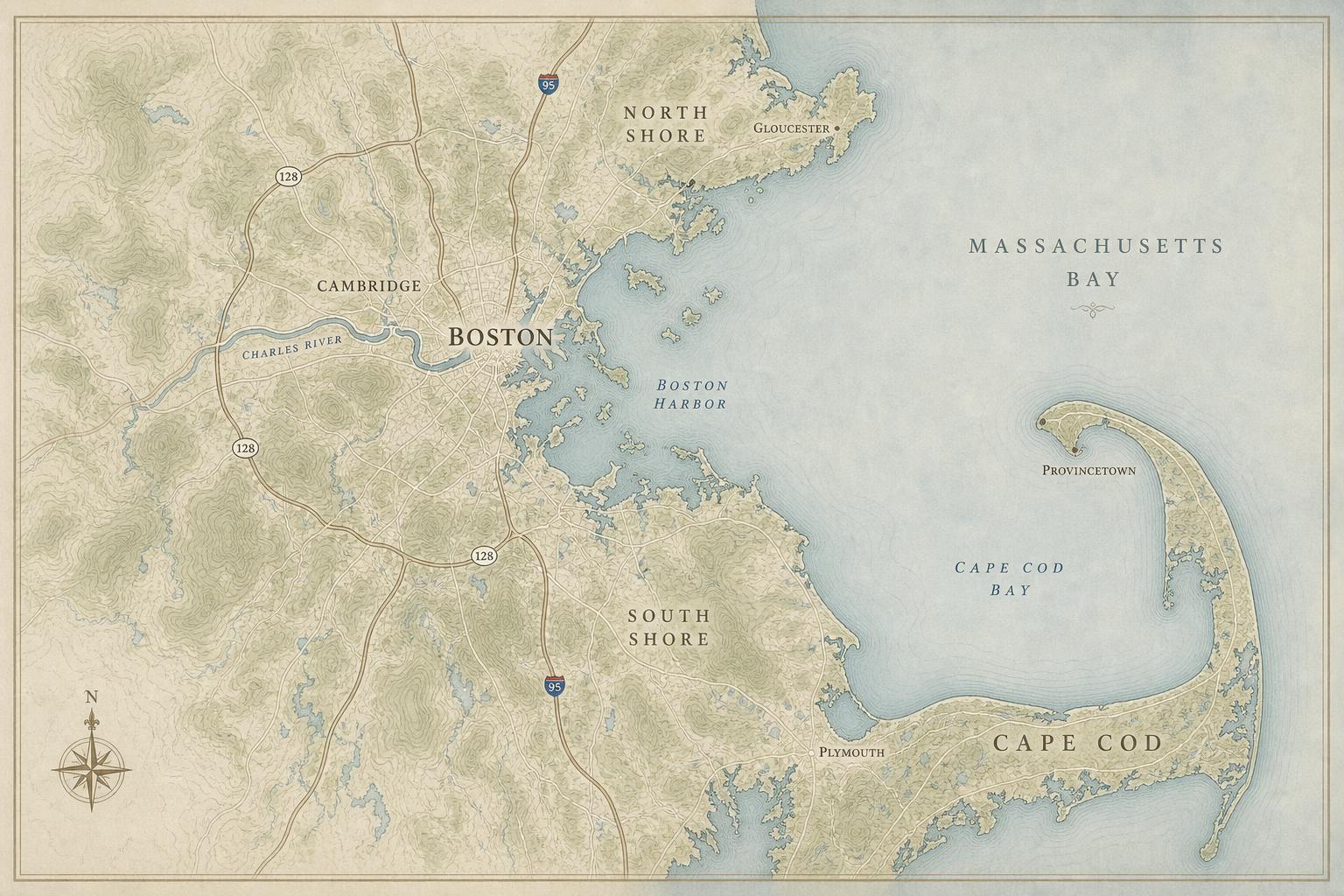 Stylized map of Eastern Massachusetts and Greater Boston coverage area